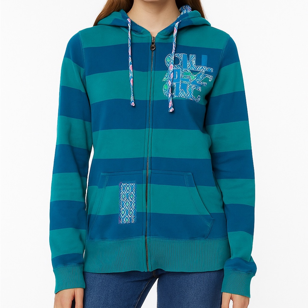 Billabong Women Size S Vtg Y2K Zip Hoodie Green Stripe Embroidered Patch Worn